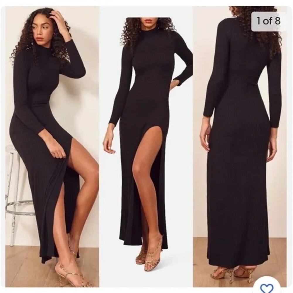 Reformation Albee Black Ribbed Long Sleeve Mock Neck Maxi Dress Side Slit - XS